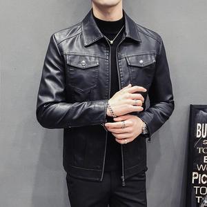 Veste homme en cuir PU noir, coupe ajustée avec col à revers et poches poitrine