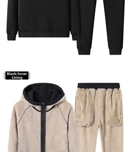 Detail view of black hoodie set with thick fleece lining and elastic drawstring pants