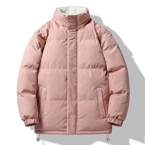 Men's pink winter puffer jacket with white faux shearling collar and relaxed fit design