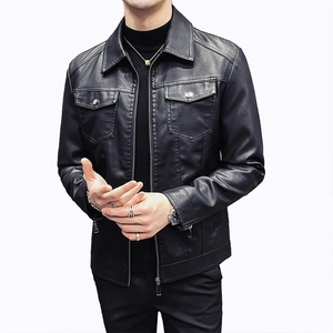 Slim fit black faux leather motorcycle jacket with lapel collar and front zipper