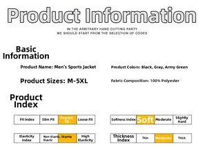 Size chart and fabric details for men's hooded casual windbreaker jacket in polyester