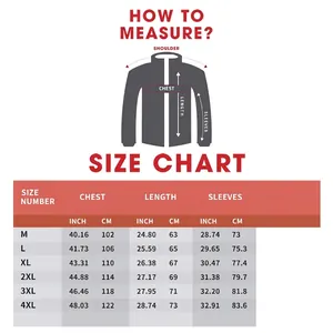 Tableau des tailles pour veste moto homme en cuir PU avec mesures de poitrine et longueur