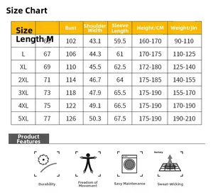 Men's casual hooded jacket size chart showing dimensions from M to 5XL with durability features