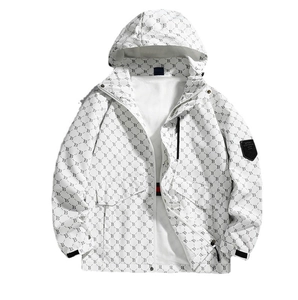 White hooded jacket with black letter monogram print and sport outdoor badge on the sleeve