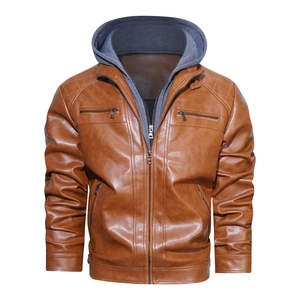 Men's brown faux leather motorcycle jacket with removable grey hood and quilted shoulders