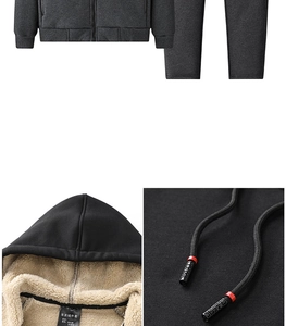 Detail view of thickened beige lamb wool lining and cotton fabric on dark grey hoodie