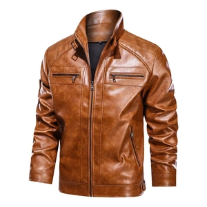 Détails de veste en cuir PU marron pour homme avec col montant et épaules matelassées