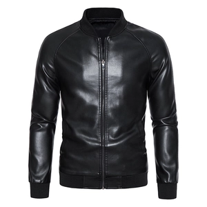 Blouson aviateur noir en similicuir pour homme avec col officier et bords-côtes