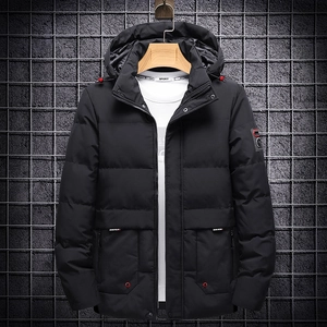 Men's winter hooded padded jacket in black with windproof fabric and stylish arm patch
