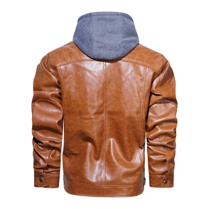 Brown faux leather jacket for men with grey detachable hood and quilted shoulder detail
