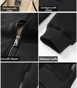 Detail of heavy fleece lining, smooth metal zipper and ribbed cuffs on black hoodie