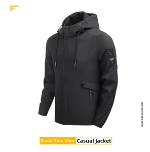 Detail view of the black men's hooded jacket with windbreaker fabric and sleeve patch