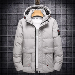 Light grey men's winter hooded jacket with horizontal quilting and zipper closure