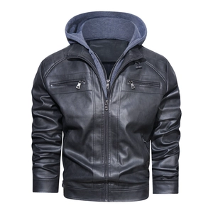 Men's black faux leather motorcycle jacket with grey detachable hood and quilted details