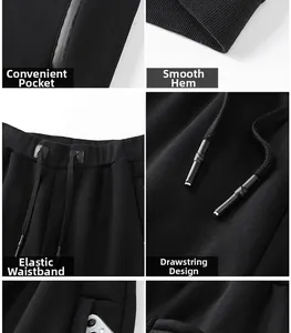 Detail view of black sweatpants featuring drawstring waist, zipper pockets, and ribbed cuffs
