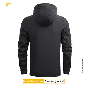 Back view of black hooded casual jacket made of windproof material in high-quality detail