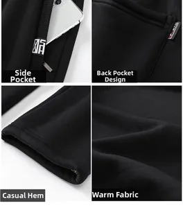Detail view of thickened thermal fleece lining, side pockets, and cuffed joggers hem