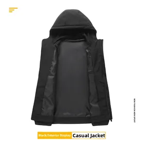 Detail view of lightweight black hooded windbreaker jacket with smooth inner lining