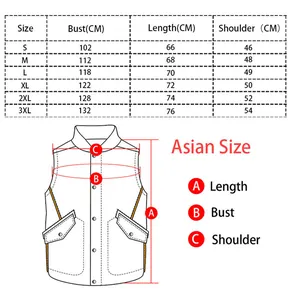 Tableau des tailles détaillé pour gilet de moto en cuir avec mesures de S à 3XL