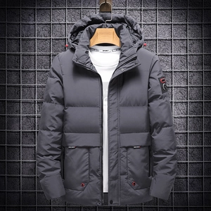 Men's dark grey thickened hooded winter puffer jacket with arm patch and zip pockets