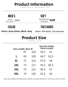 Detaillierte Größentabelle für Herren Windjacke mit Materialangaben aus Nylon und Elasthan
