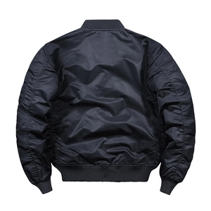 Black MA-1 flight jacket for men featuring a satin finish and ribbed trims in a back view