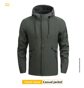 Front view of army green hooded jacket featuring side zip pockets and drawstring hood