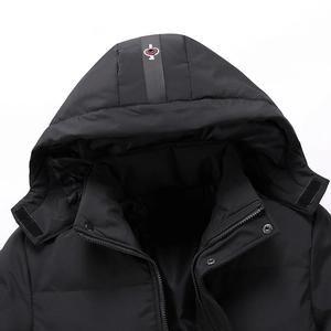Men's winter thick hooded jacket in black with high collar zipper and snap buttons
