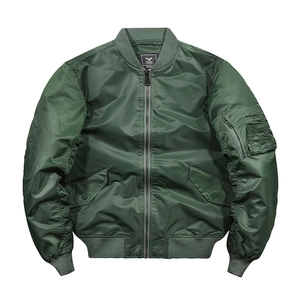 Classic army green MA-1 bomber jacket with metallic nylon finish and utility pocket