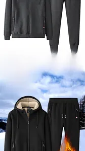 Detailed view of thermal sherpa fleece lining in heavy men's hooded tracksuit set