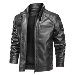 Veste de Moto pour Homme en Cuir PU Col Montant Épaules Matelassées Coupe Ajustée Décontractée Blouson Coupe-vent Multi Poches