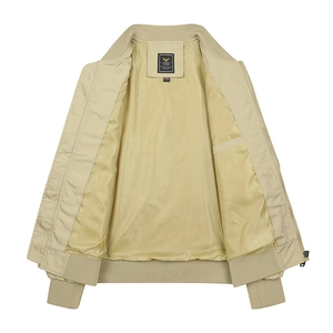 Classic khaki tactical bomber jacket with ribbed collar and internal pocket detail