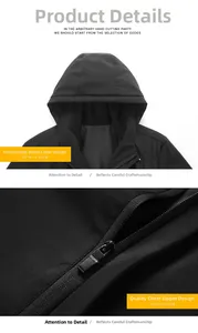 Detail view of men's hooded jacket featuring stand collar, zip closure and fashion lettering