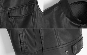 Détails de la veste en cuir noir avec poches à pression, col et doublure à carreaux