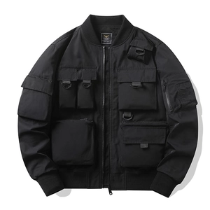 Classic black functional bomber jacket with multiple utility pockets and ribbed cuffs