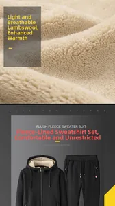 Detail of warm lamb wool lining and flat lay of the black hooded tracksuit set