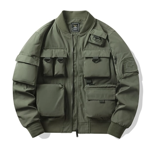 Army green tactical bomber jacket with multiple cargo pockets and ribbed trims in a flat lay