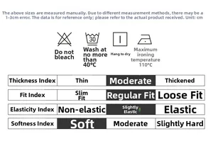 Tableau des tailles et conseils de lavage pour shorts cargo avec détails du tissu