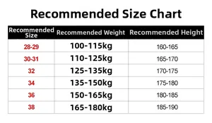 Detailed size chart for men's cargo shorts including weight and height recommendations