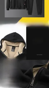 Detailed close-up of thick sherpa fleece lining and metal zipper on black hoodie set