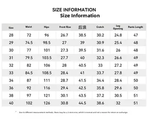 Detailed size chart for men cargo shorts showing waist and hip measurements in cm