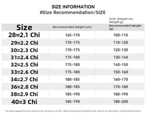 Detailed size chart for men's cargo shorts including height and weight recommendations