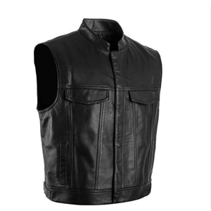 Gilet de moto en cuir noir pour homme avec col montant, poches multiples et fermeture éclair chic