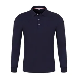 Classic dark blue long sleeve cotton polo shirt for men with a ribbed collar and button front