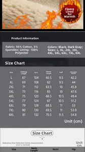 Detailed size chart for men fleece tracksuit set including L to 8XL measurements