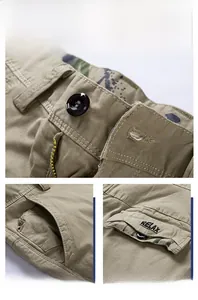 Vue détaillée de shorts cargo kaki avec poches renforcées et broderie RELAX précise