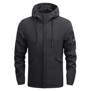 Men's casual black hooded windbreaker jacket with adjustable drawstrings and zip pockets