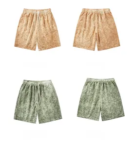 Détails du short gaufré délavé pour hommes en kaki et vert avec taille à cordon serrage