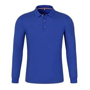 Royal blue long-sleeved Polo shirt with breathable knit fabric and tricolor neck detail