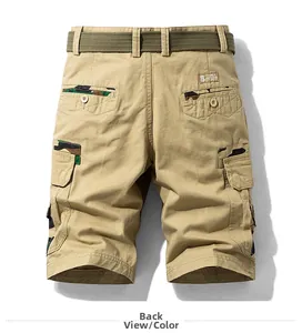 Détail du short cargo kaki montrant la doublure camouflage et la ceinture tressée